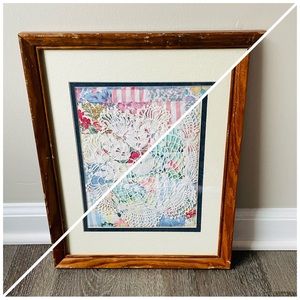 Set of (2) wood framed vintage quilt pieces with antique collectible doilies
